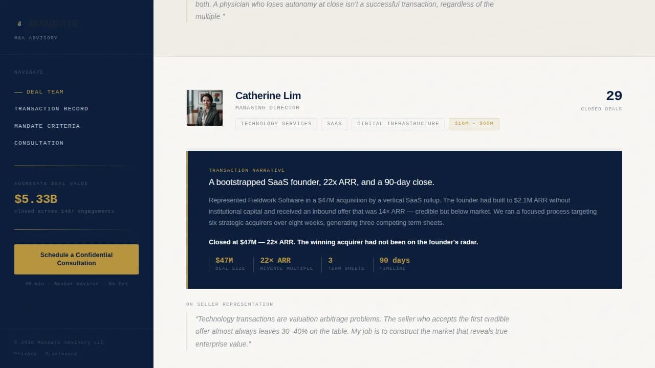 Mandate — Elite M&A Advisory Landing Page Template