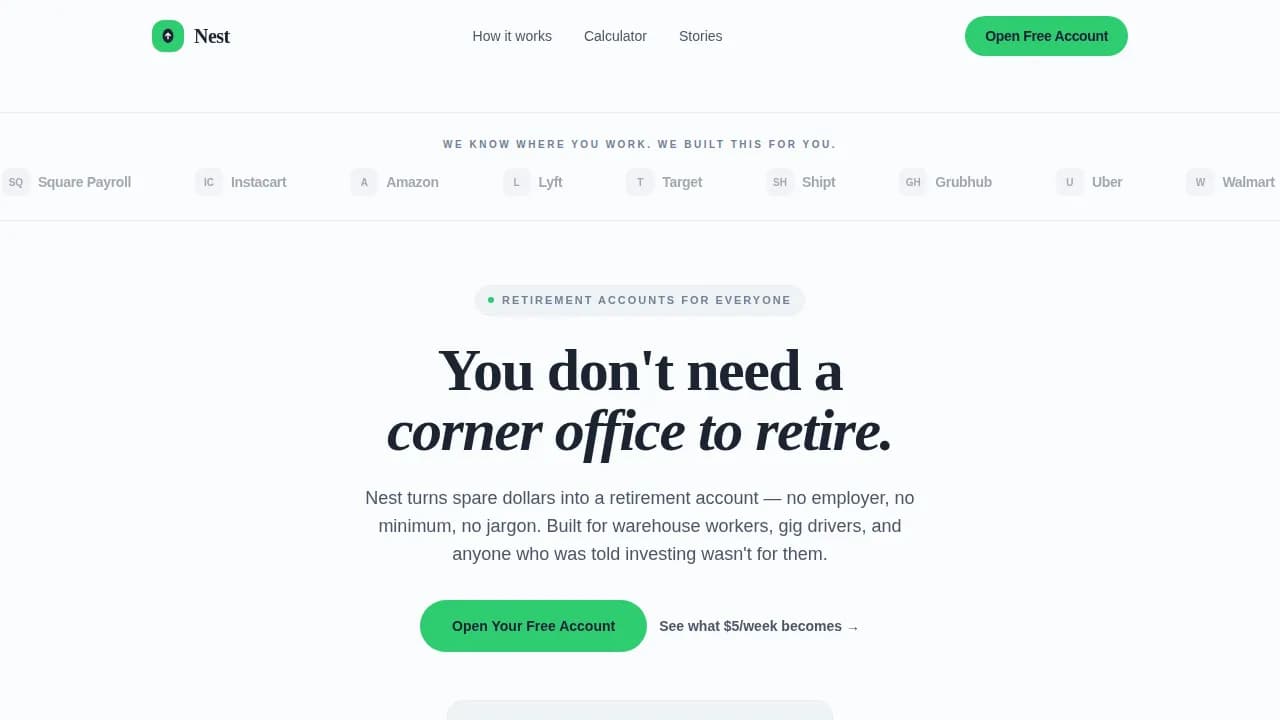 Nest - Spare Dollars Retirement Landing Page Template