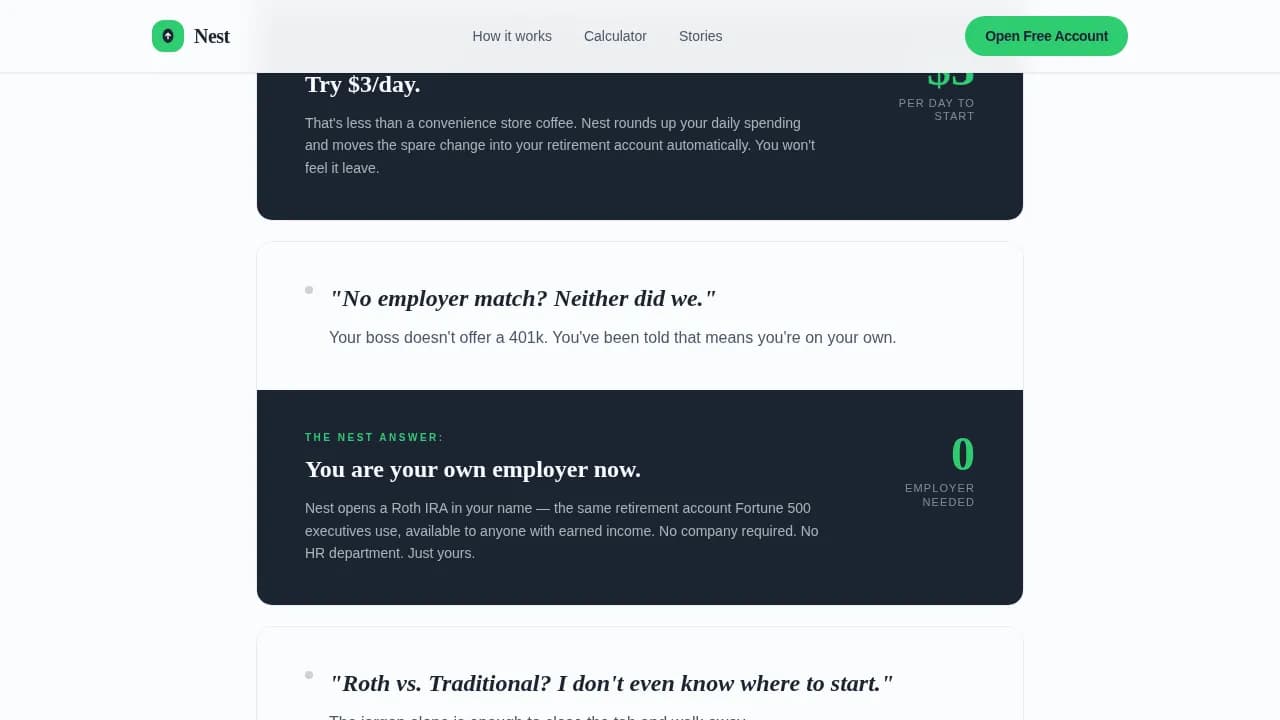 Nest - Spare Dollars Retirement Landing Page Template