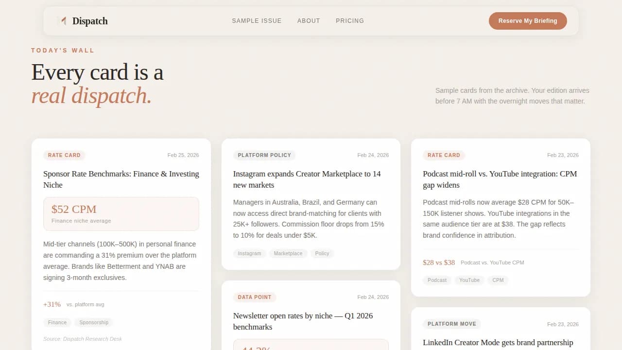 Dispatch — Daily Creator Insights Landing Page Template