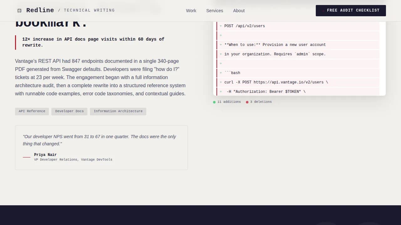 Redline — Premium Technical Writing Landing Page Template