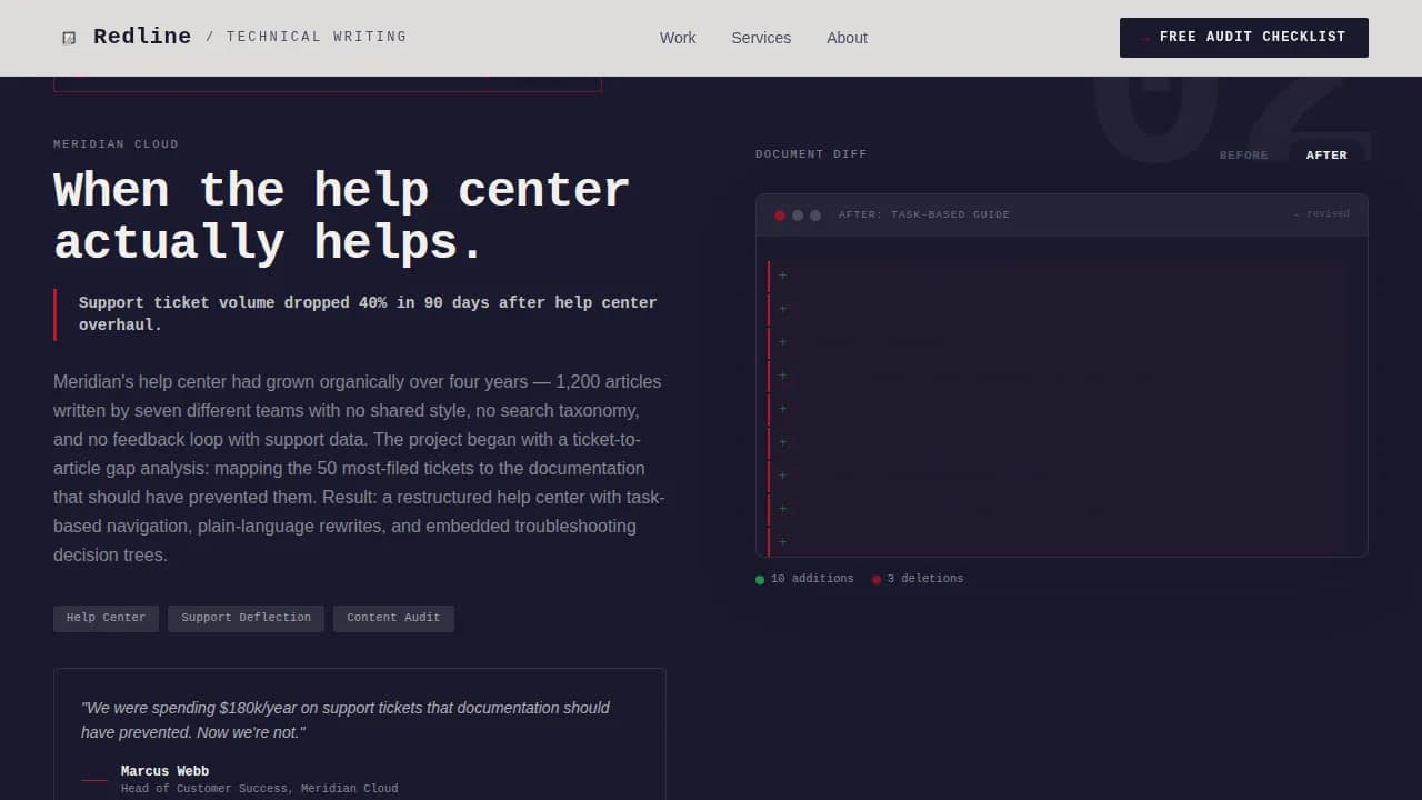Redline — Premium Technical Writing Landing Page Template