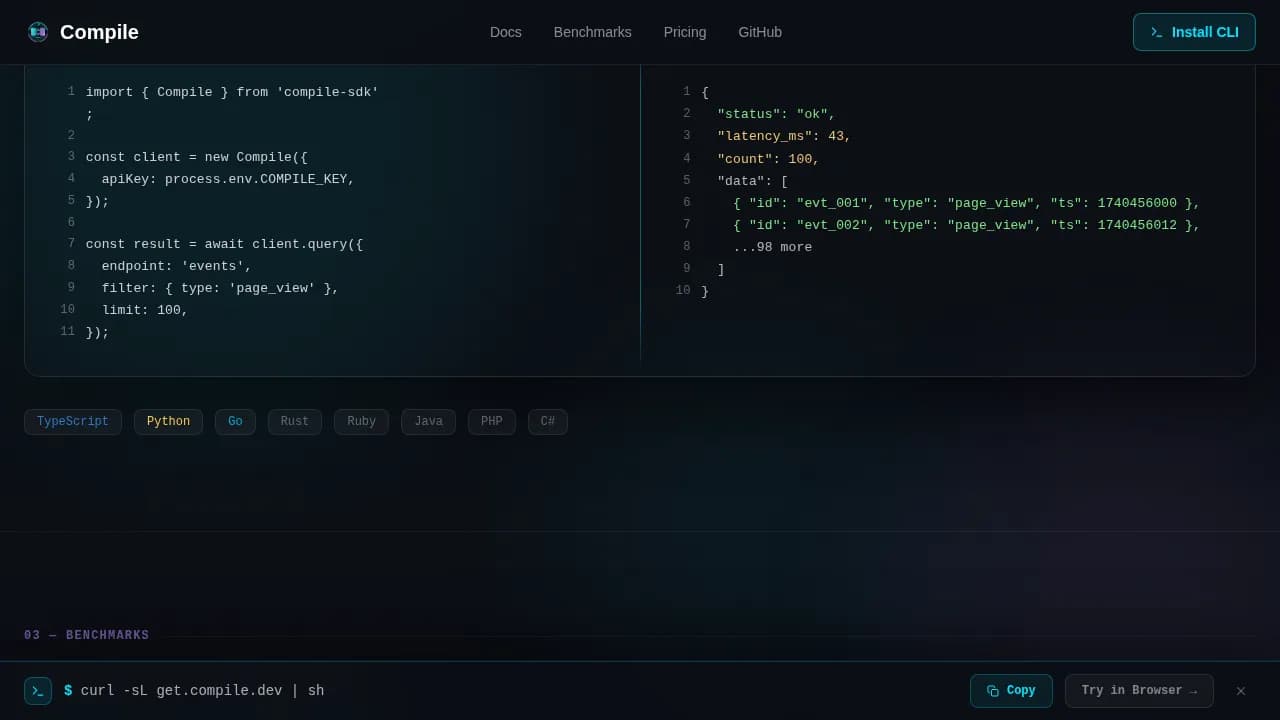 Compile — Advanced Developer Tools Landing Page Template