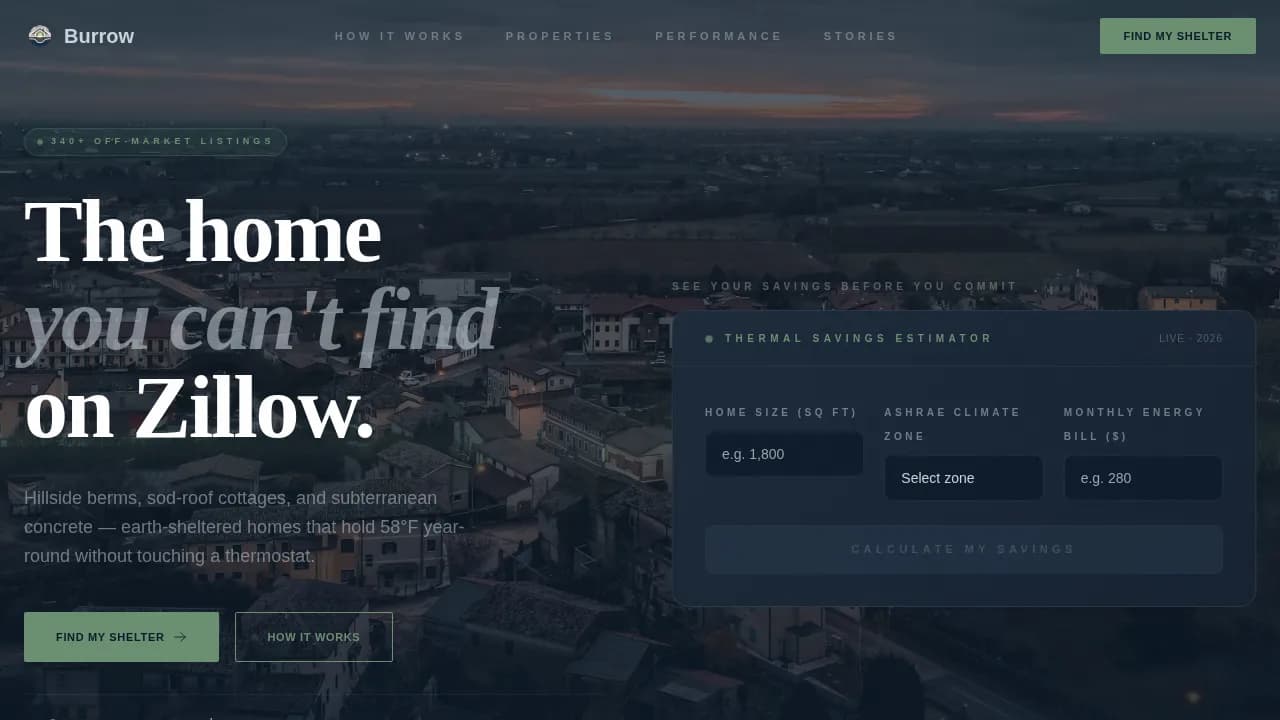 Burrow — Earth-Sheltered Home Buyer's Agent Landing Page Template