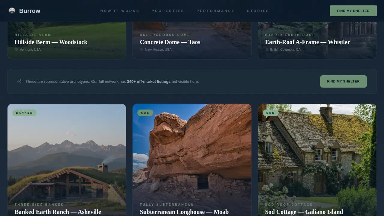 Burrow — Earth-Sheltered Home Buyer's Agent Landing Page Template