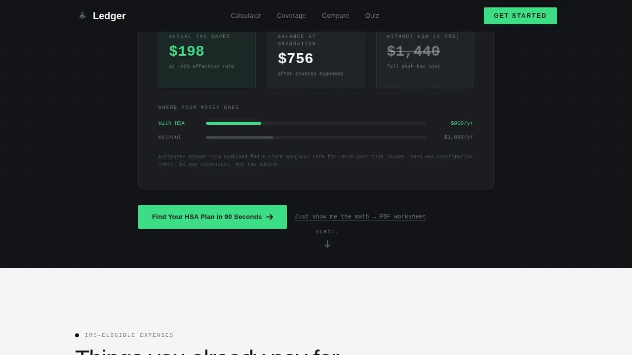 Ledger - Smart Student HSA Savings Landing Page Template