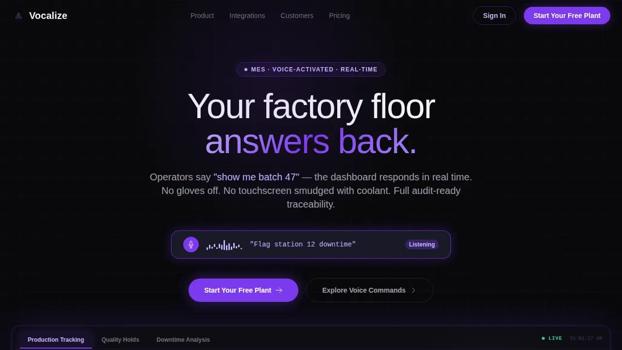 Vocalize - Voice-Activated MES Dashboard Landing Page Template