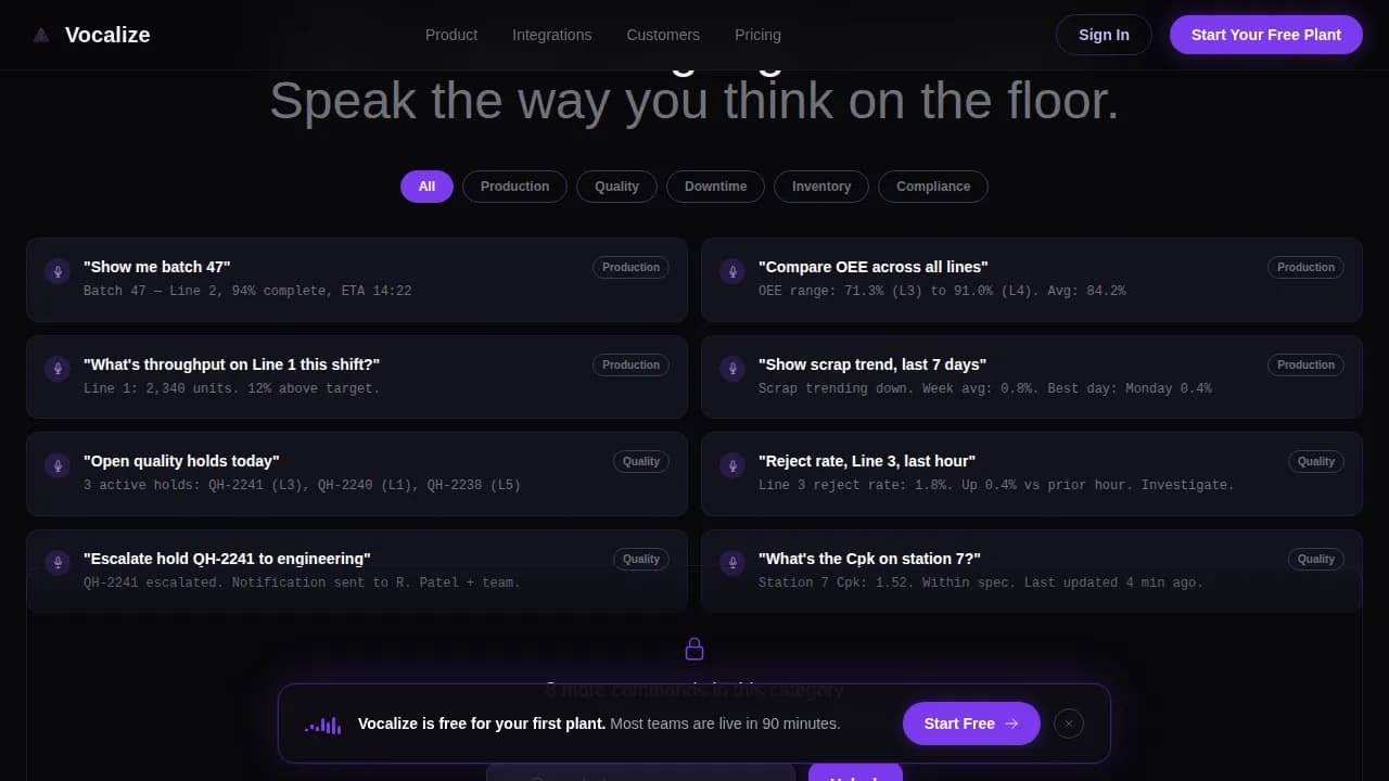 Vocalize - Voice-Activated MES Dashboard Landing Page Template