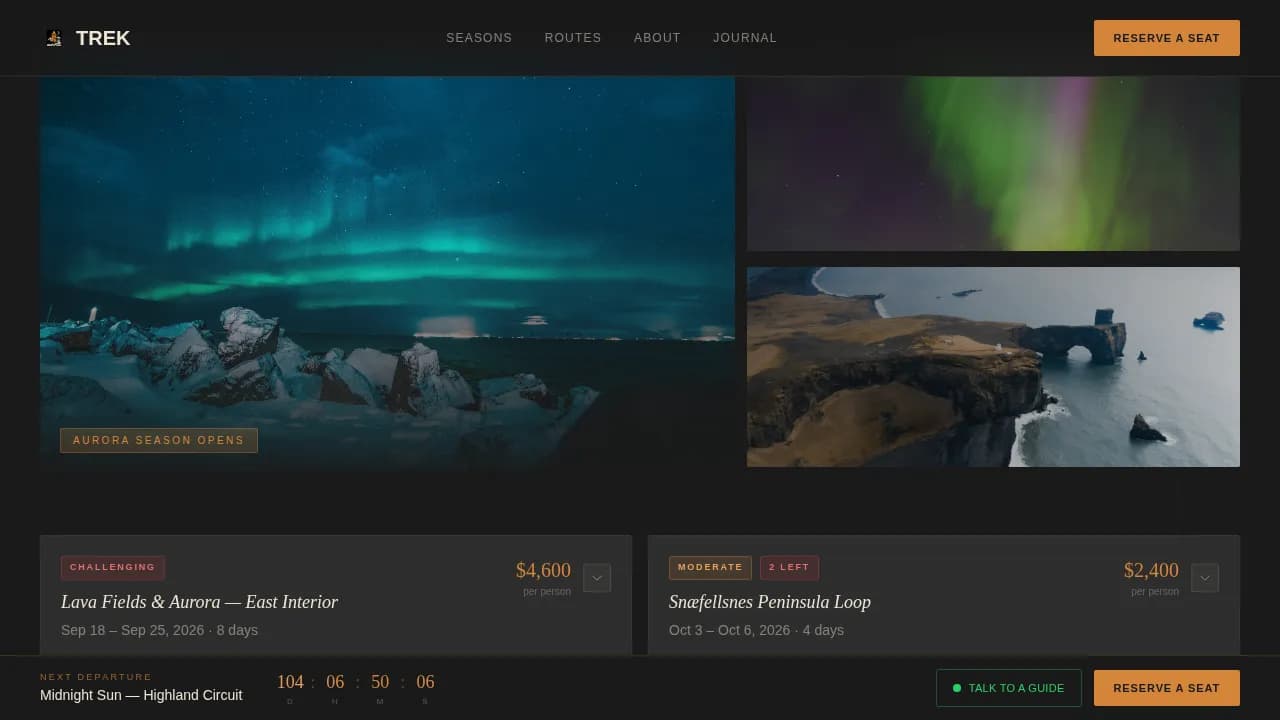 Trek Dark Immersive Iceland Group Tour Operator Landing Page