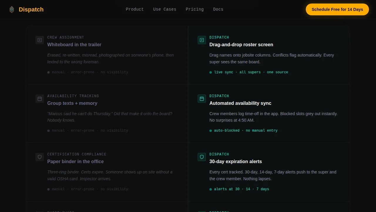 Dispatch - Crew Scheduling Comparison Landing Page Template