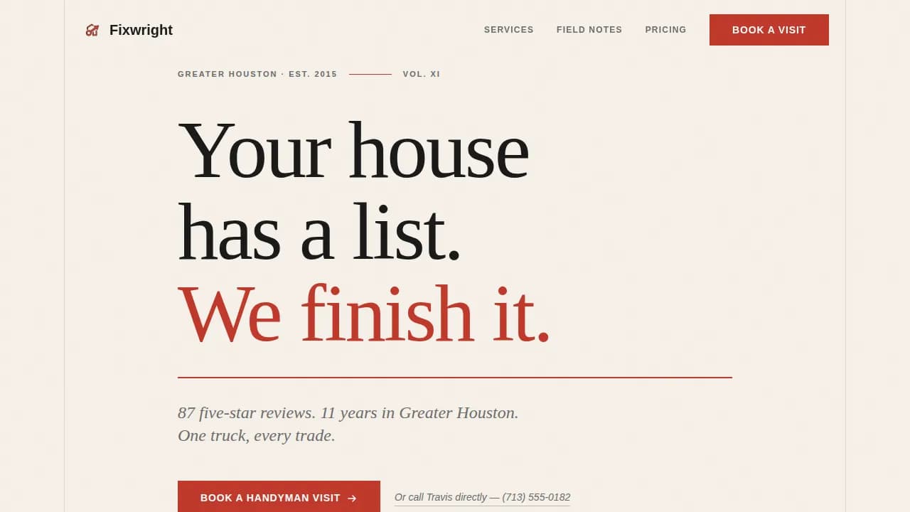 Fixwright - Editorial Handyman Service Landing Page Template