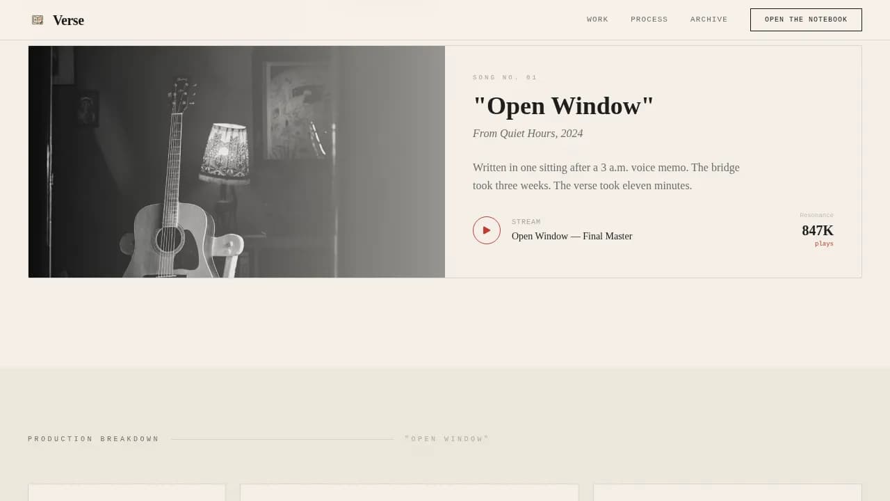 Verse - Songwriter Process Portfolio Landing Page Template