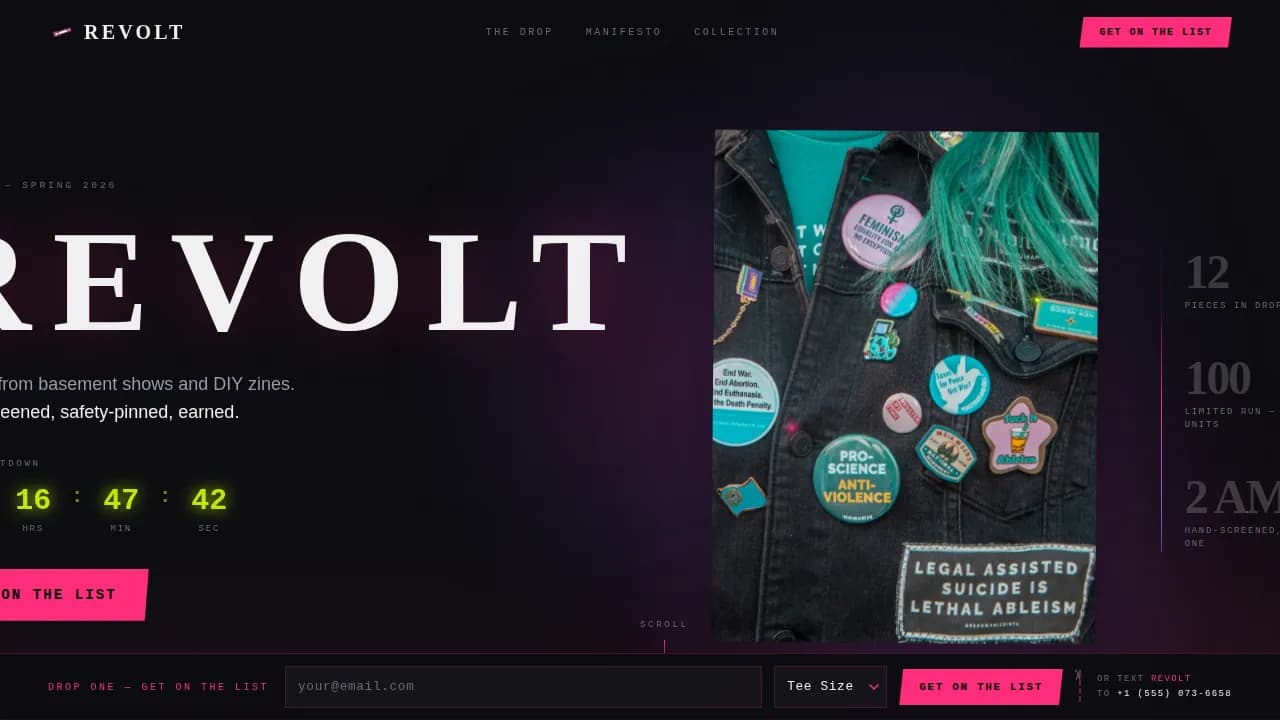 Revolt Punk Clothing Waitlist Landing Page Template