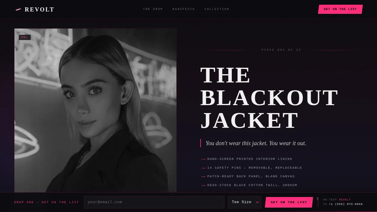 Revolt Punk Clothing Waitlist Landing Page Template