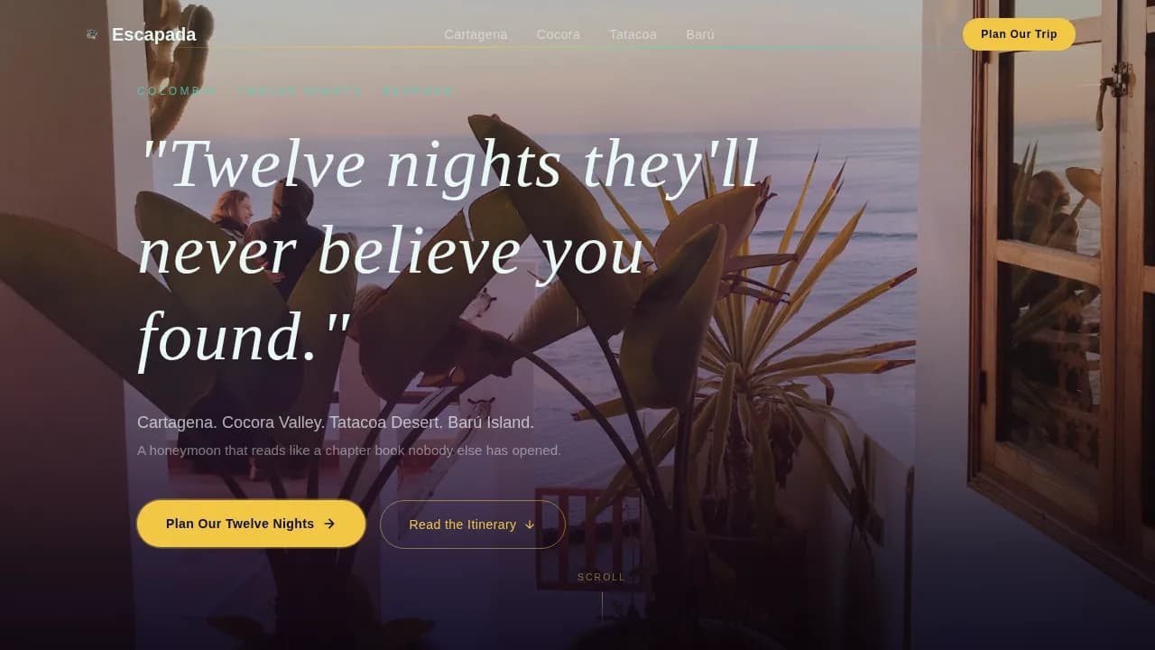 Escapada - Curated Colombia Honeymoon Landing Page Template