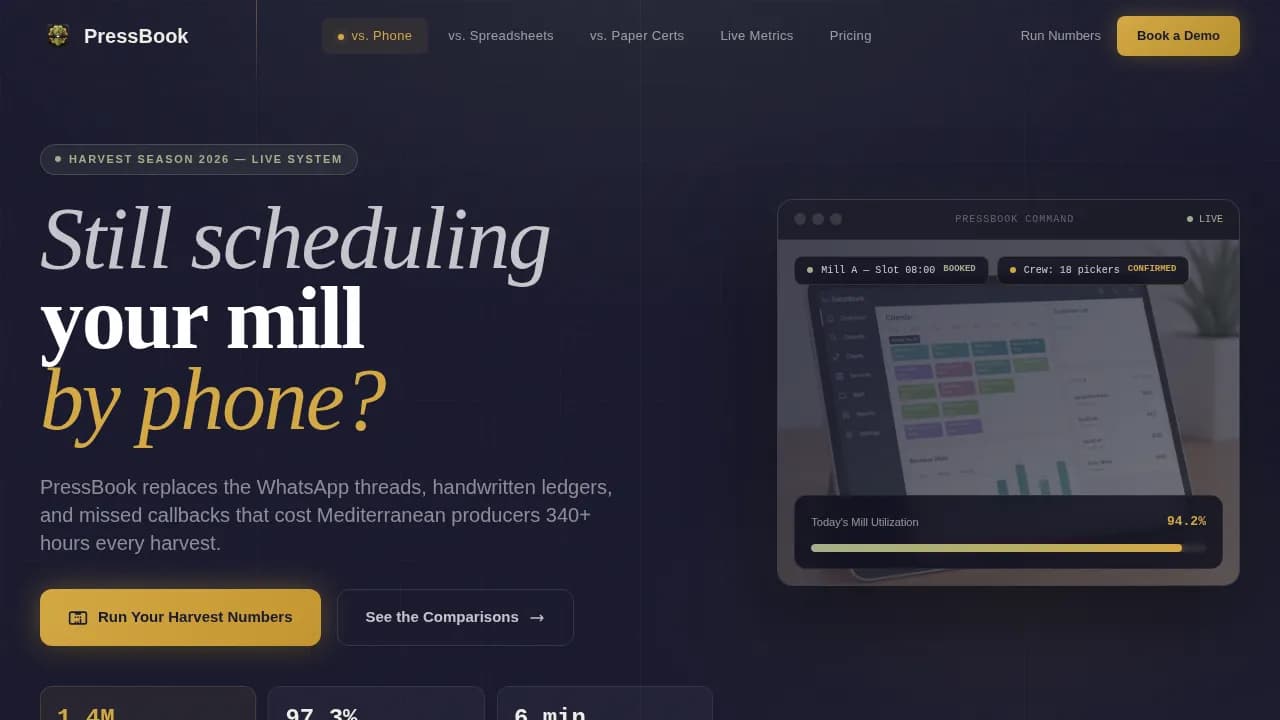 Press Olive Oil Booking System Landing Page Template