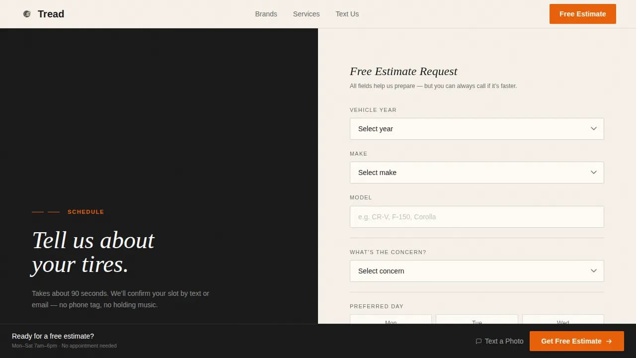 Tread Tire Shop Estimate Landing Page Template