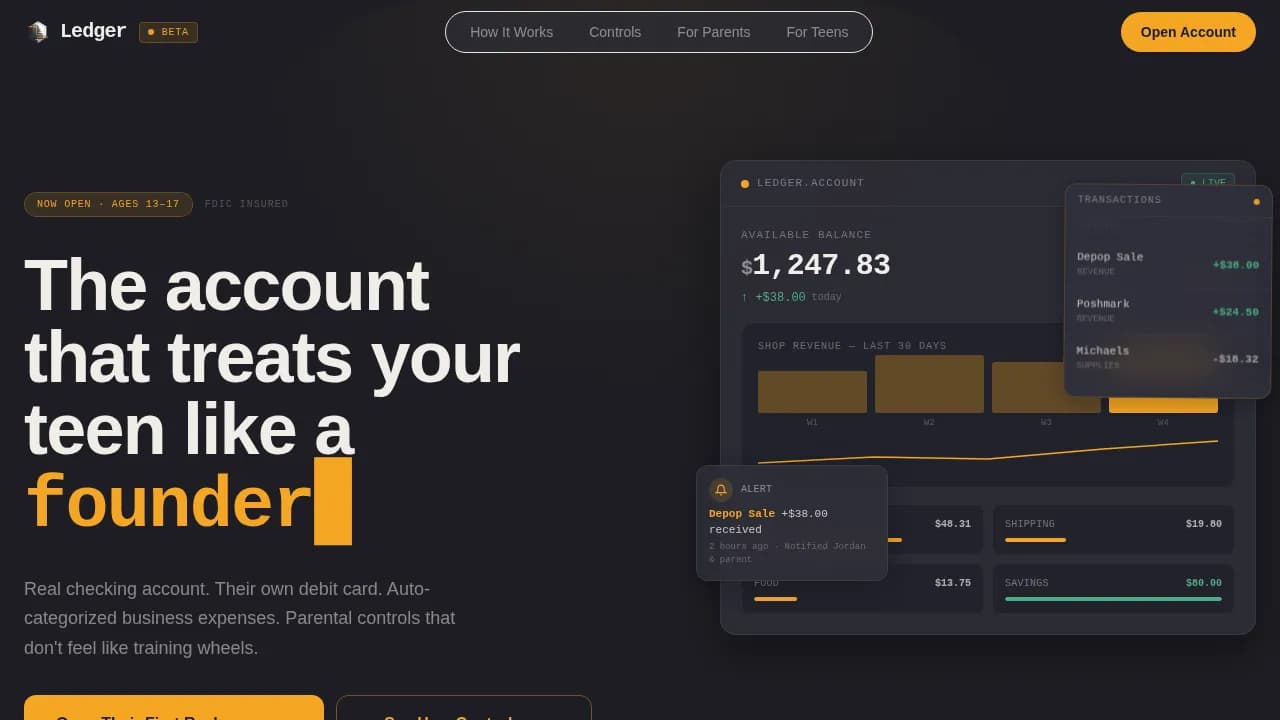 Ledger Teen Finance Dashboard Landing Page Template