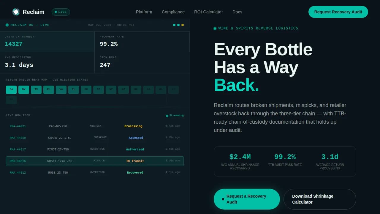 Reclaim — Smart Beverage Logistics Landing Page Template