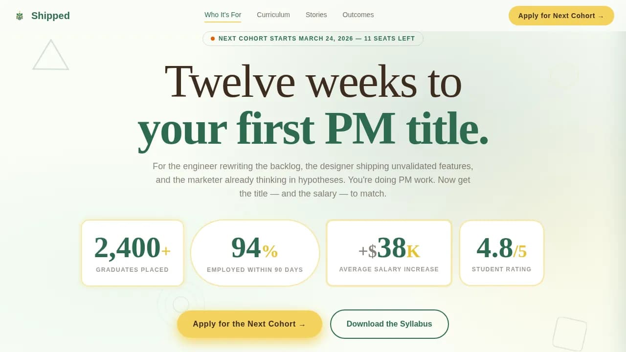 Shipped — Intensive Product Bootcamp Landing Page Template