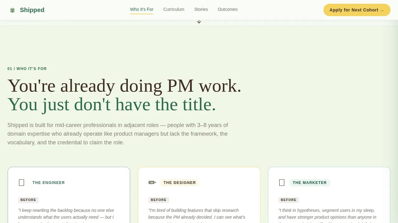Shipped — Intensive Product Bootcamp Landing Page Template