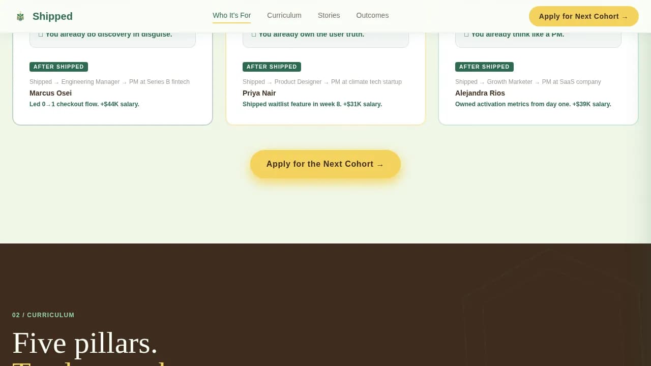 Shipped — Intensive Product Bootcamp Landing Page Template