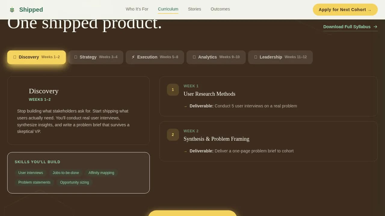 Shipped — Intensive Product Bootcamp Landing Page Template