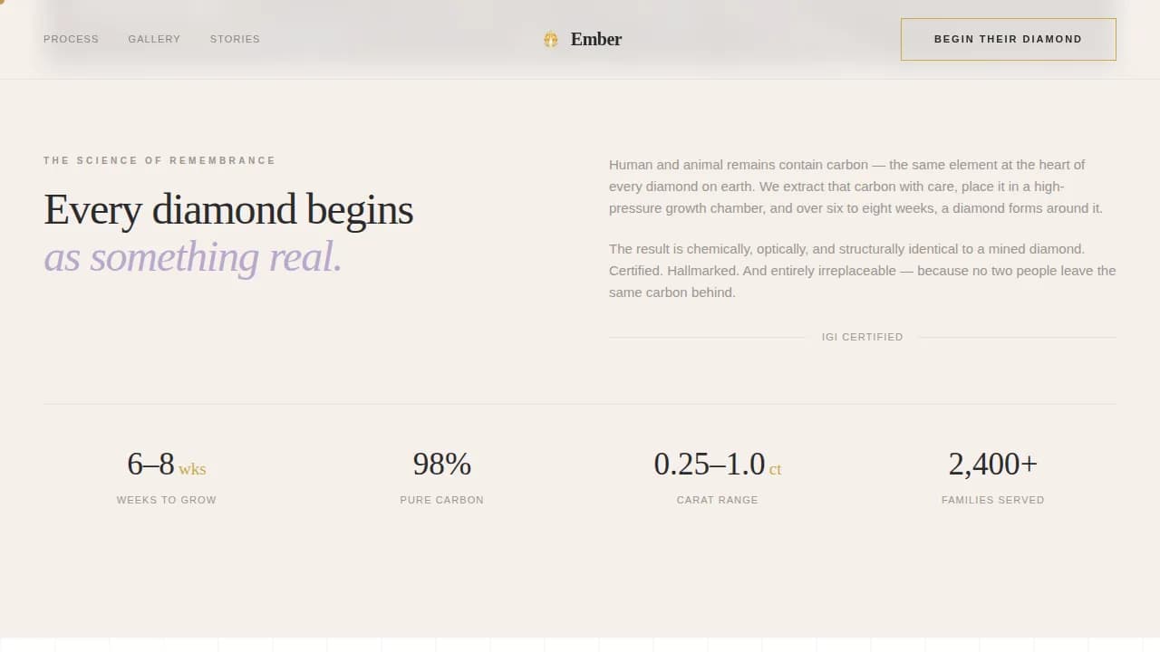 Ember - Cremation Memorial Diamond Landing Page Template