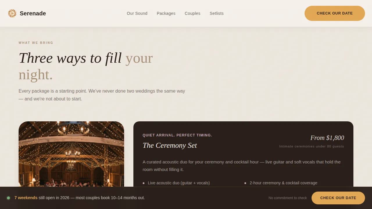 Serenade — Elegant Wedding Entertainment Landing Page Template