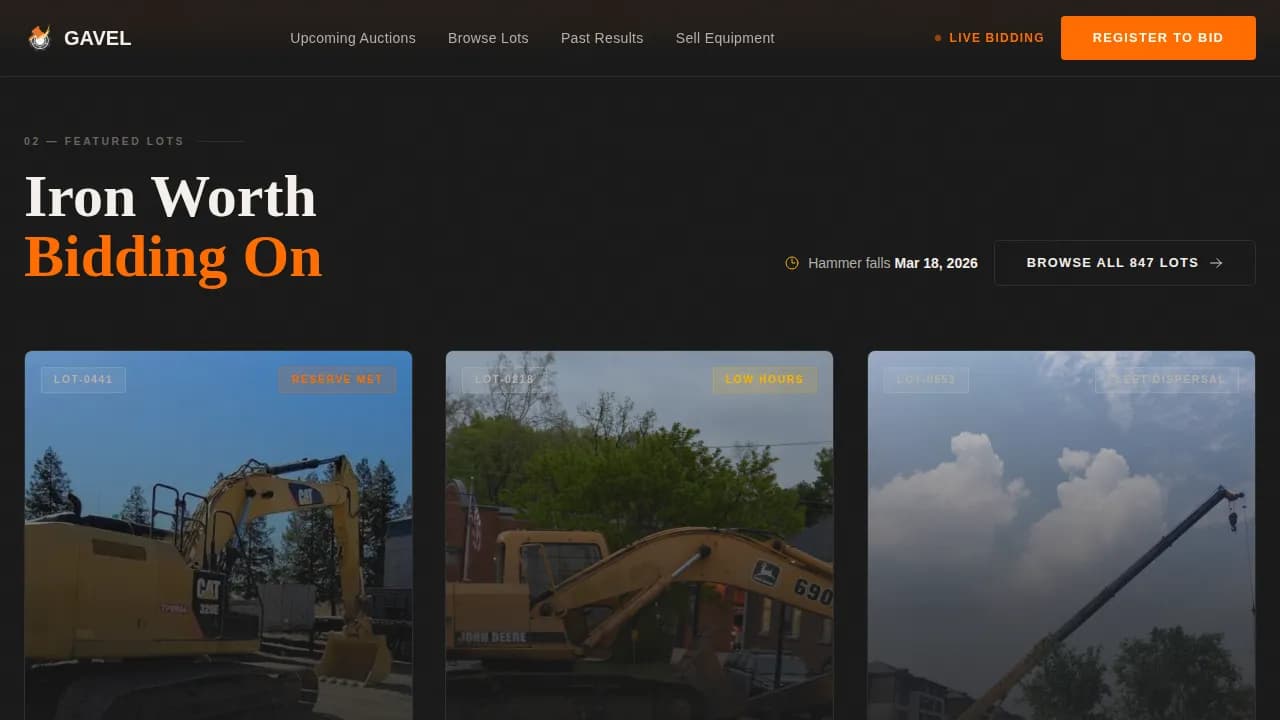Gavel - Heavy Iron Auction Landing Page Template