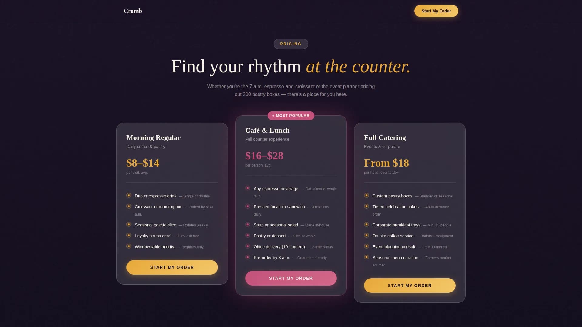 Crumb - Artisan Bakery Pricing Landing Page Template
