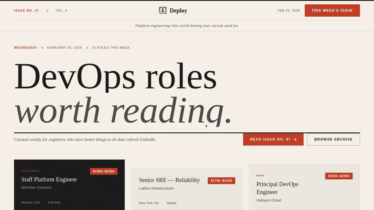 Deploy - Editorial DevOps Jobs Newsletter Landing Page Template