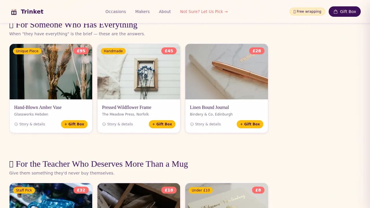 Trinket - Curated Gift Discovery Landing Page Template