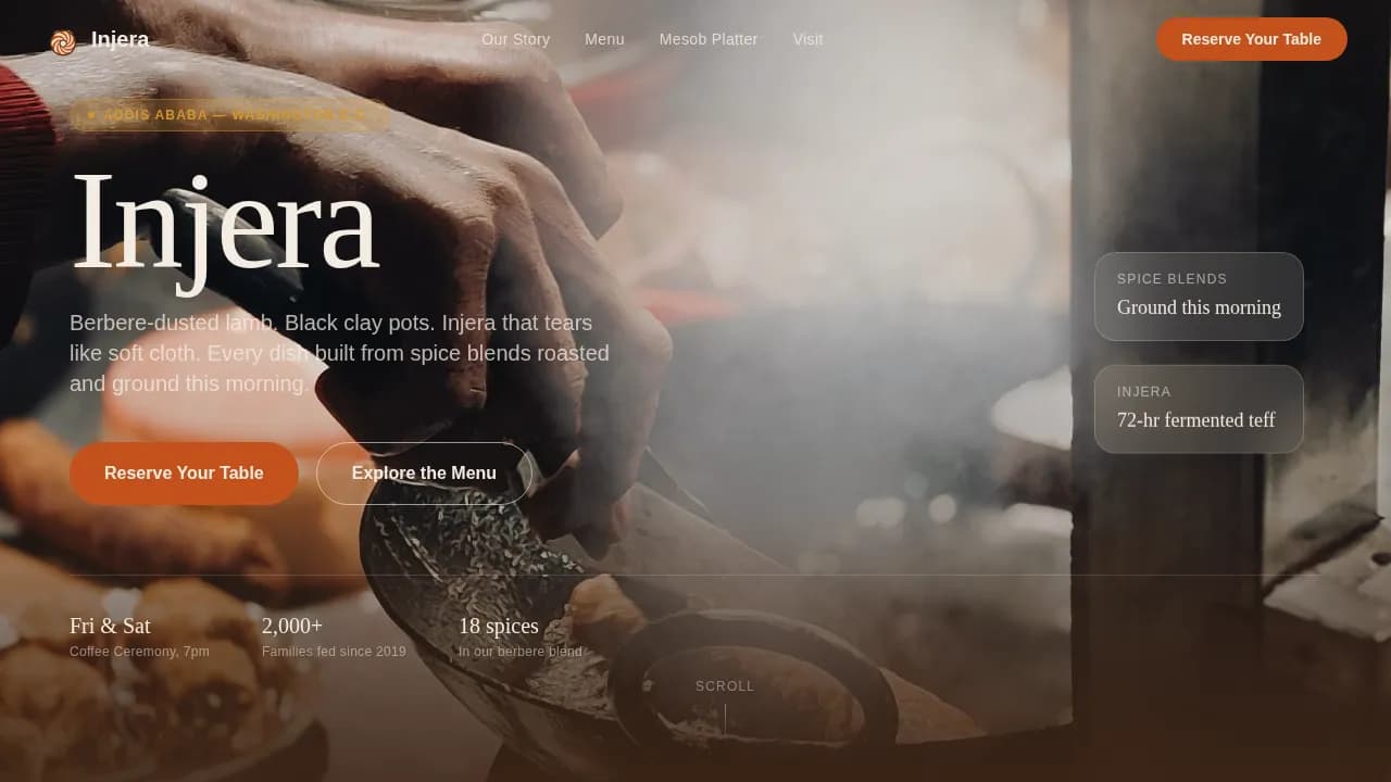 Flame — Authentic Ethiopian Dining Landing Page Template