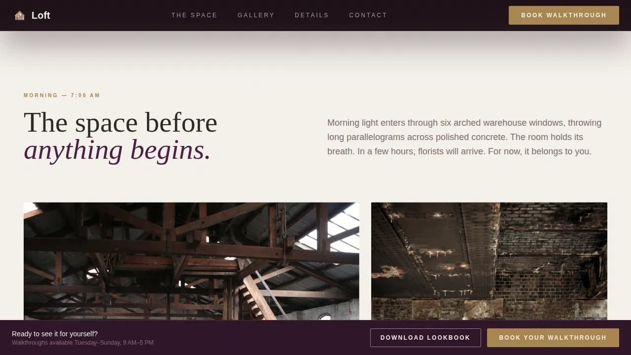 Loft — Immersive Warehouse Venue Landing Page Template