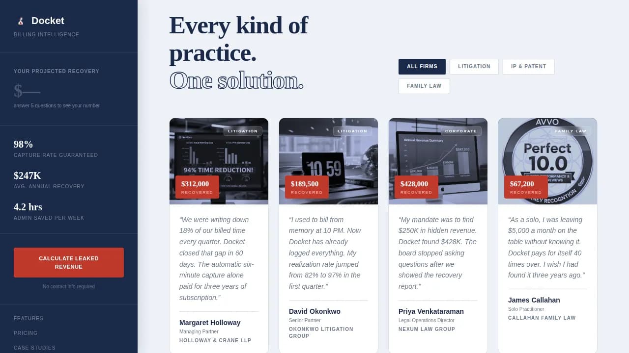 Docket — Authority Legal Billing Landing Page Template