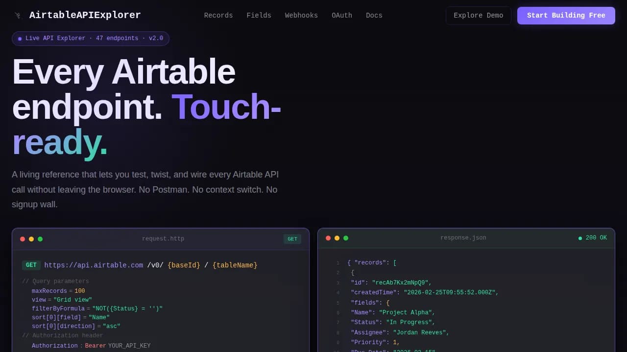 Airtable — Dynamic API Reference Landing Page Template