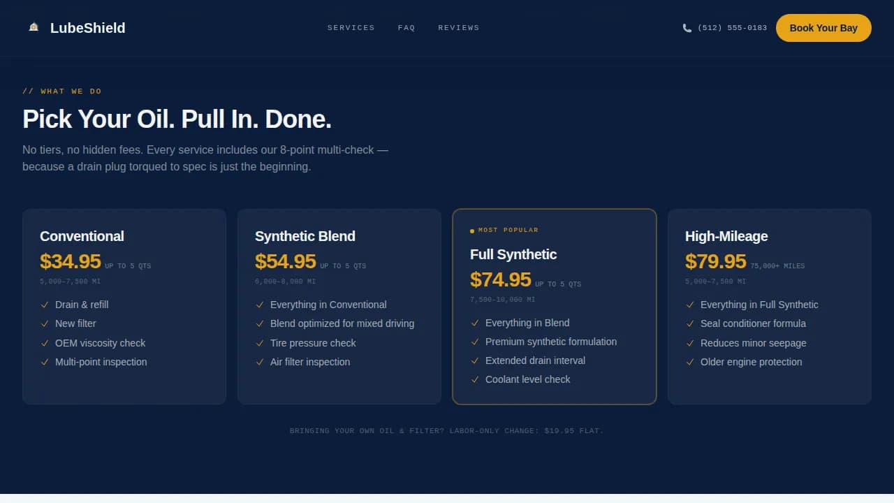 Lubeshield — Instant Oil Change Booking Landing Page Template