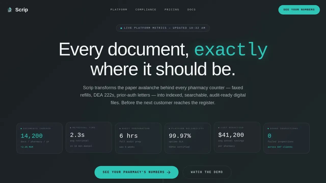 Scrip — Compliant Pharmacy Management Landing Page Template