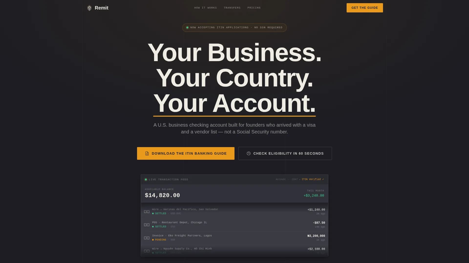 Remit - ITIN-Ready Cross-Border Business Checking Landing Page Template