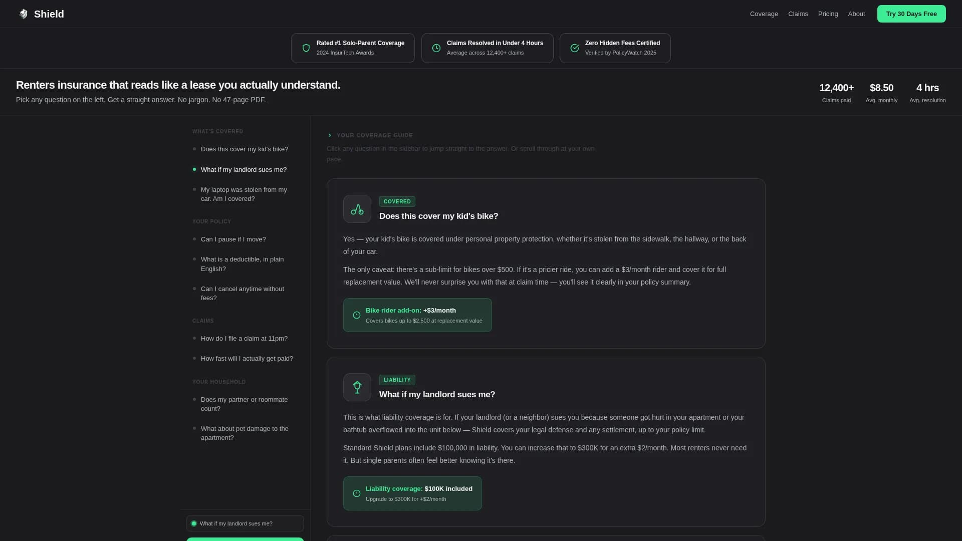Shield — Solo Renter Coverage Landing Page Template