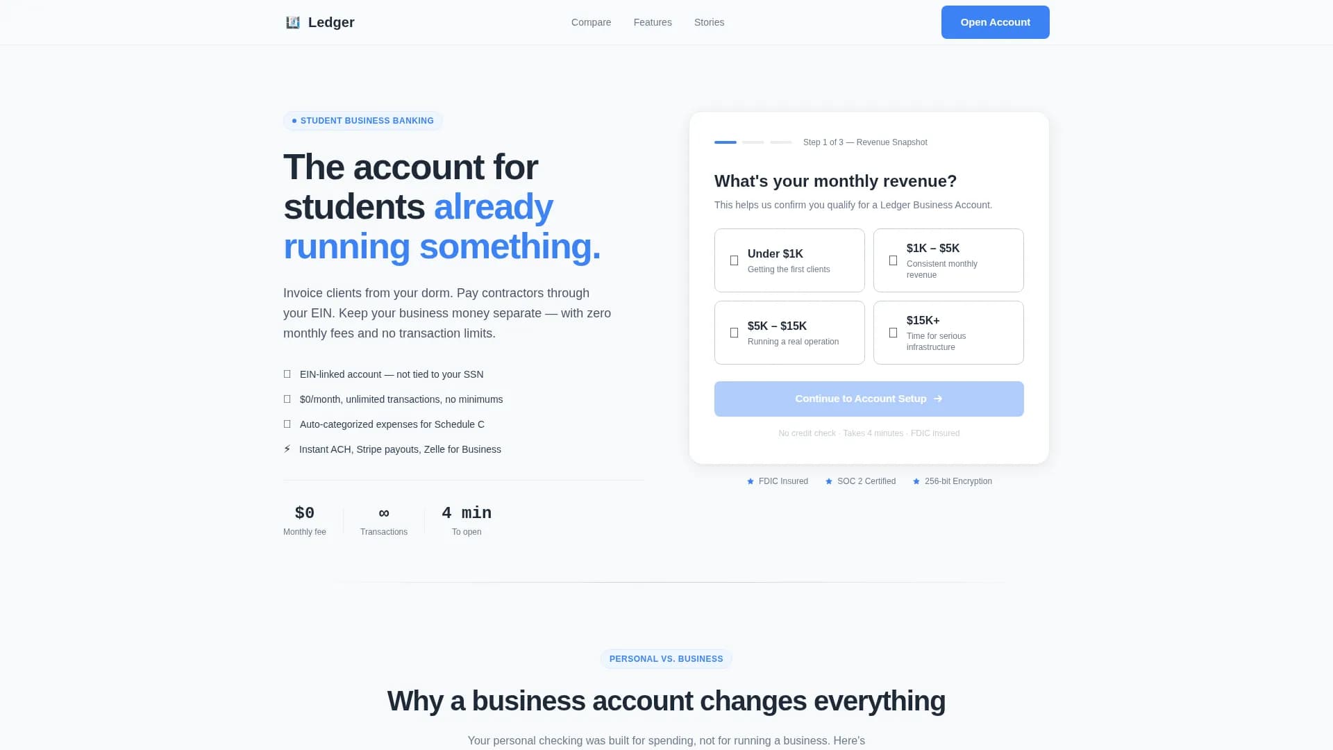 Ledger — Premium Student Checking Landing Page Template