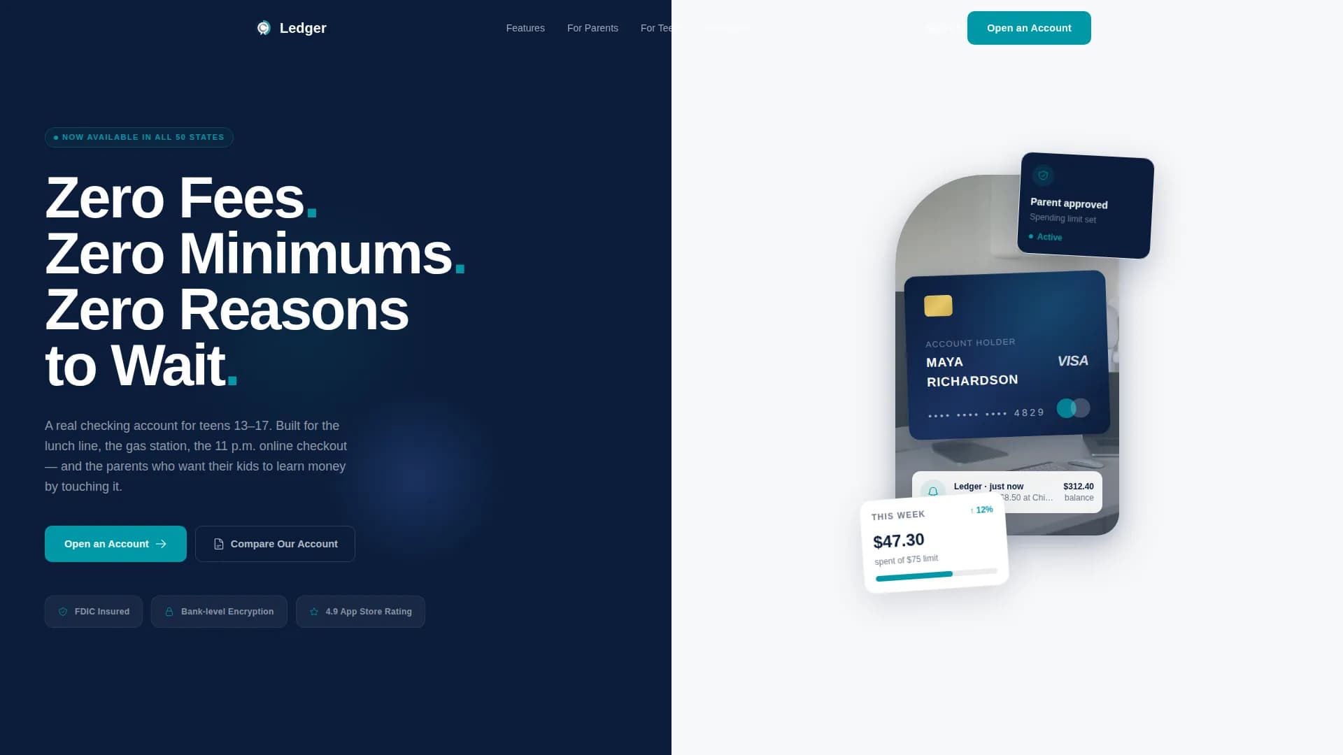 Ledger — Zero Fees Teen Checking Account Landing Page Template