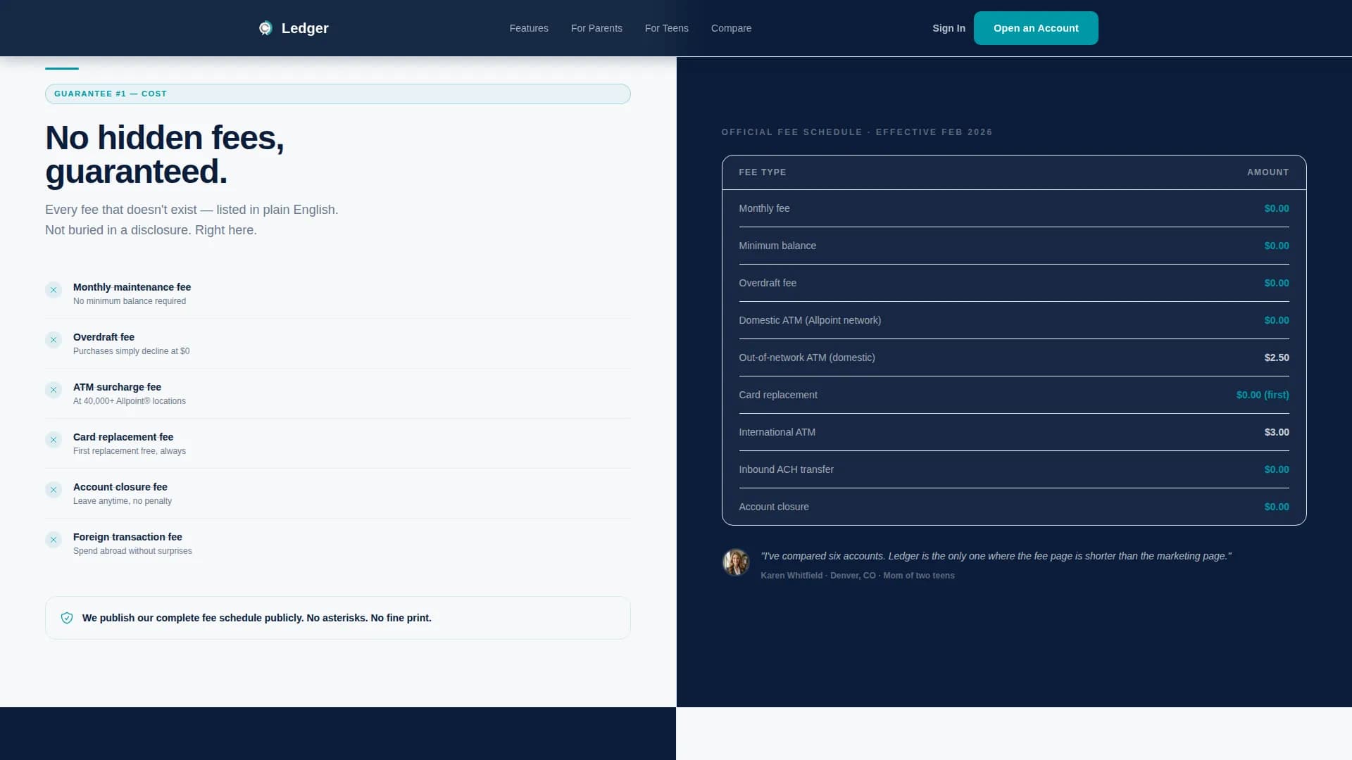 Ledger — Zero Fees Teen Checking Account Landing Page Template