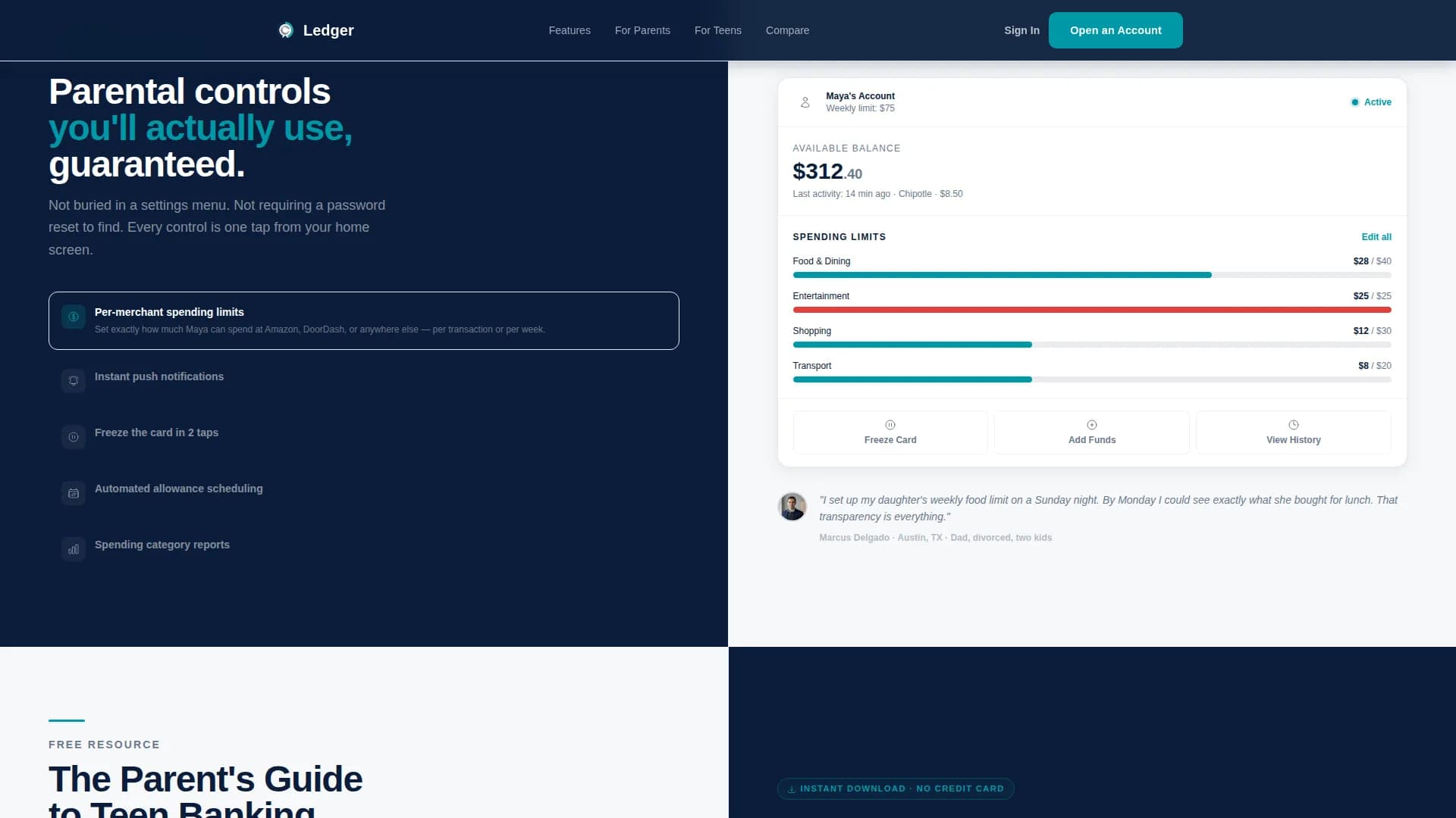 Ledger — Zero Fees Teen Checking Account Landing Page Template
