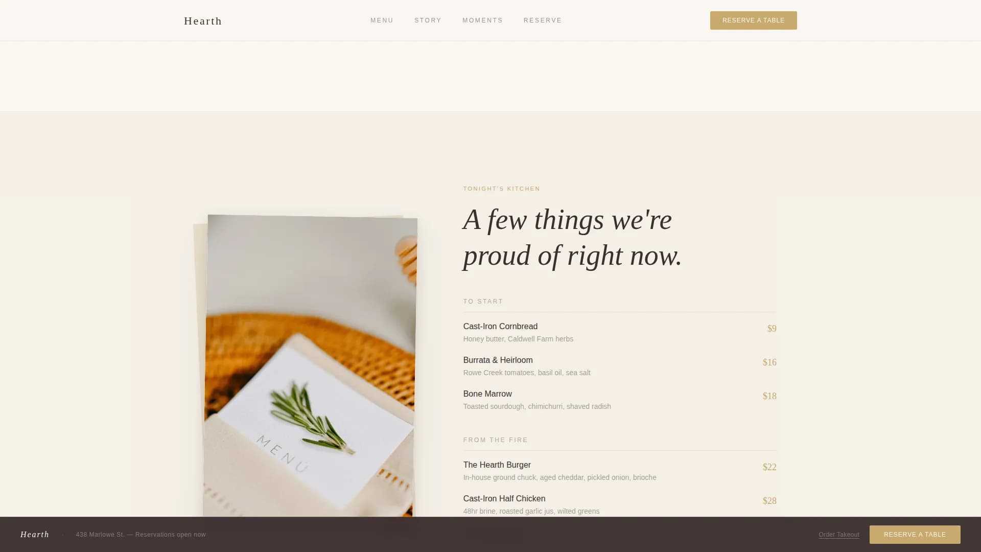 Hearth — Casual Dining Reservations Landing Page Template