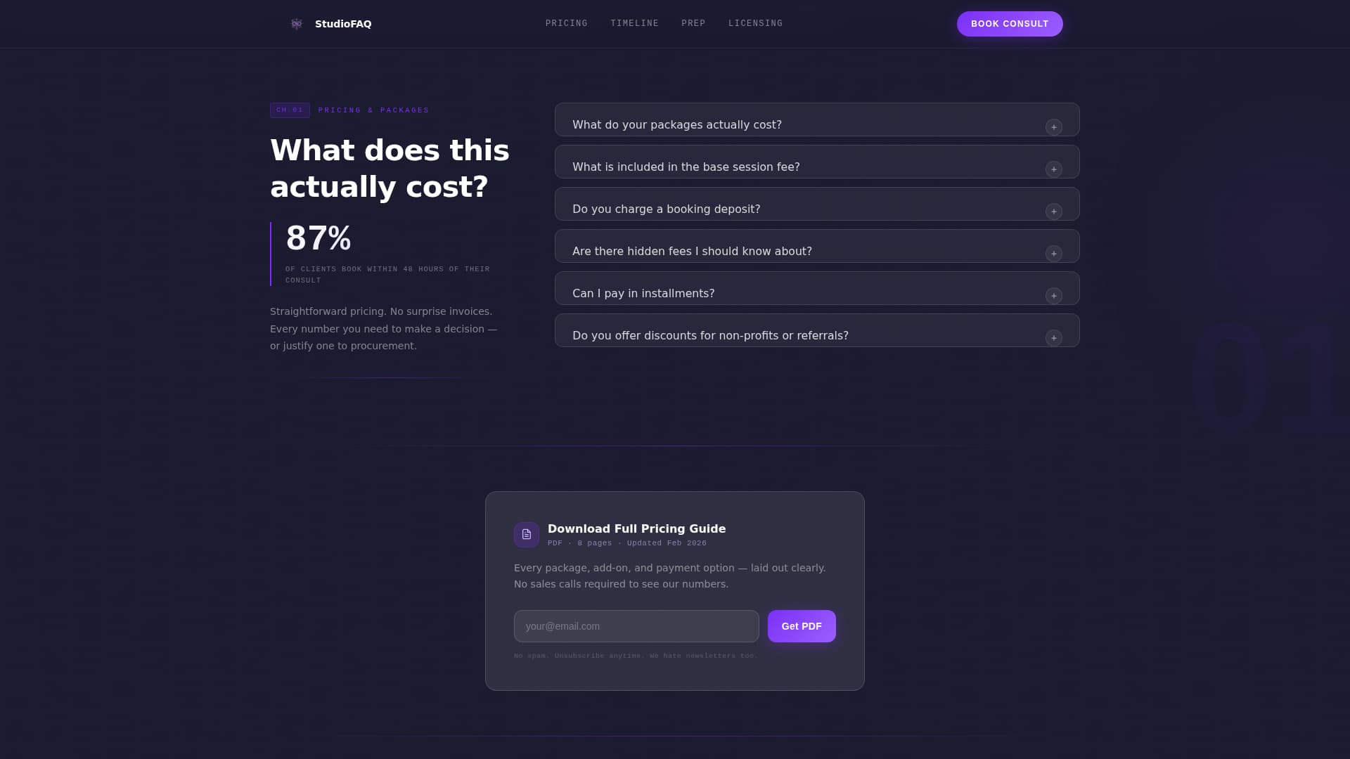 Photography Studio FAQ & Client Objection Website Template