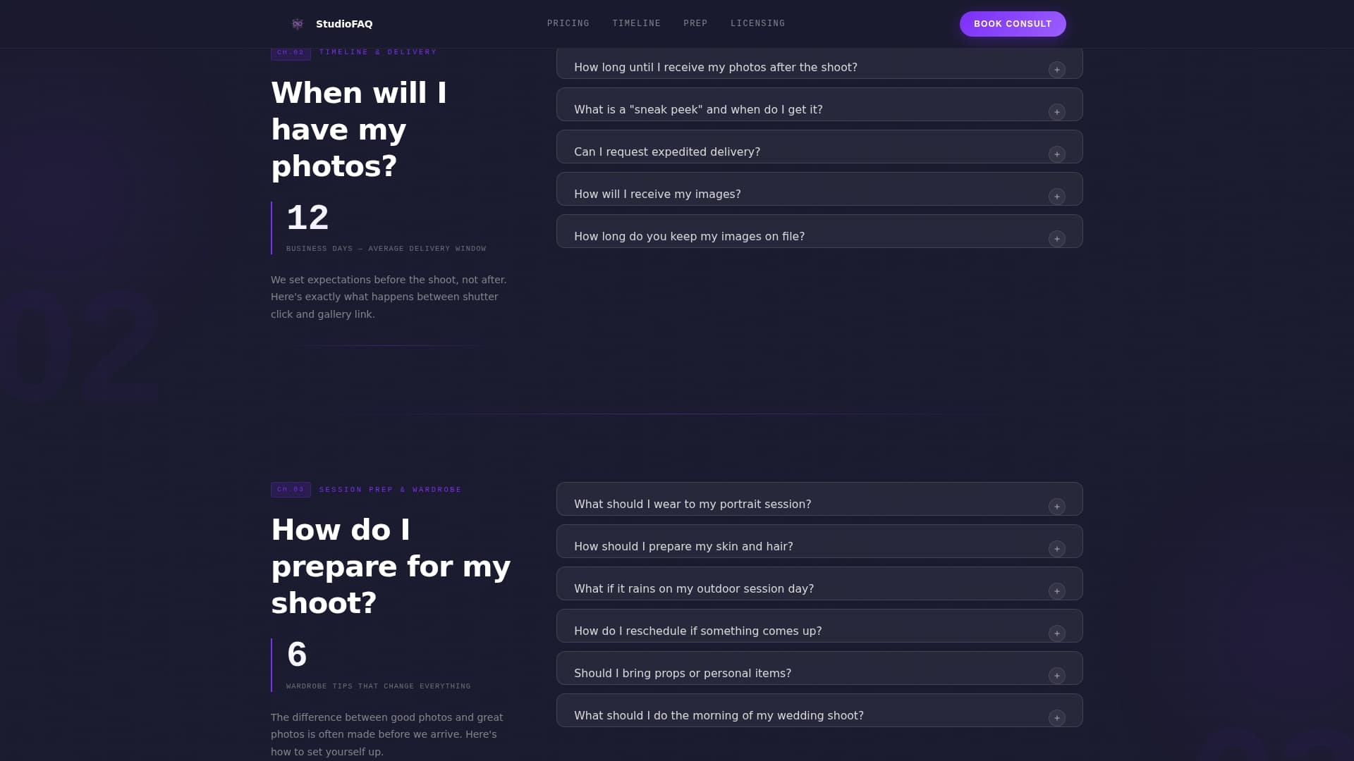 Photography Studio FAQ & Client Objection Website Template