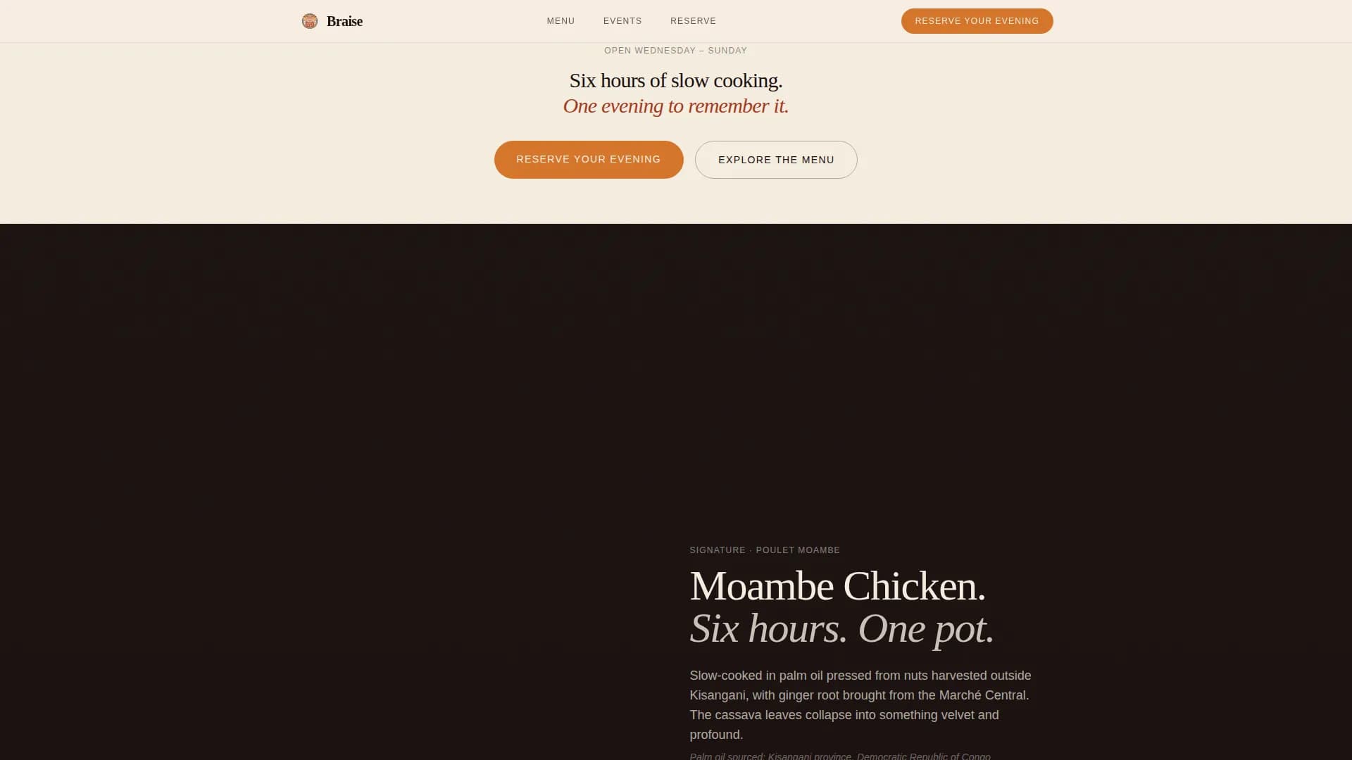 Braise — Upscale Congolese Dining Landing Page Template