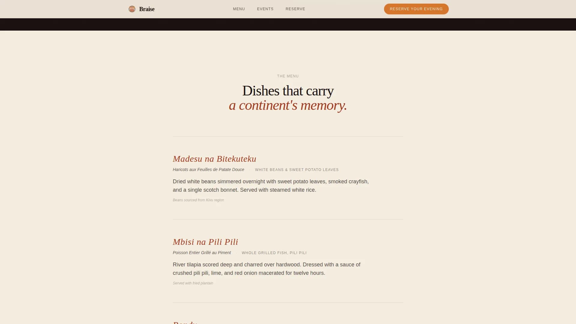 Braise — Upscale Congolese Dining Landing Page Template